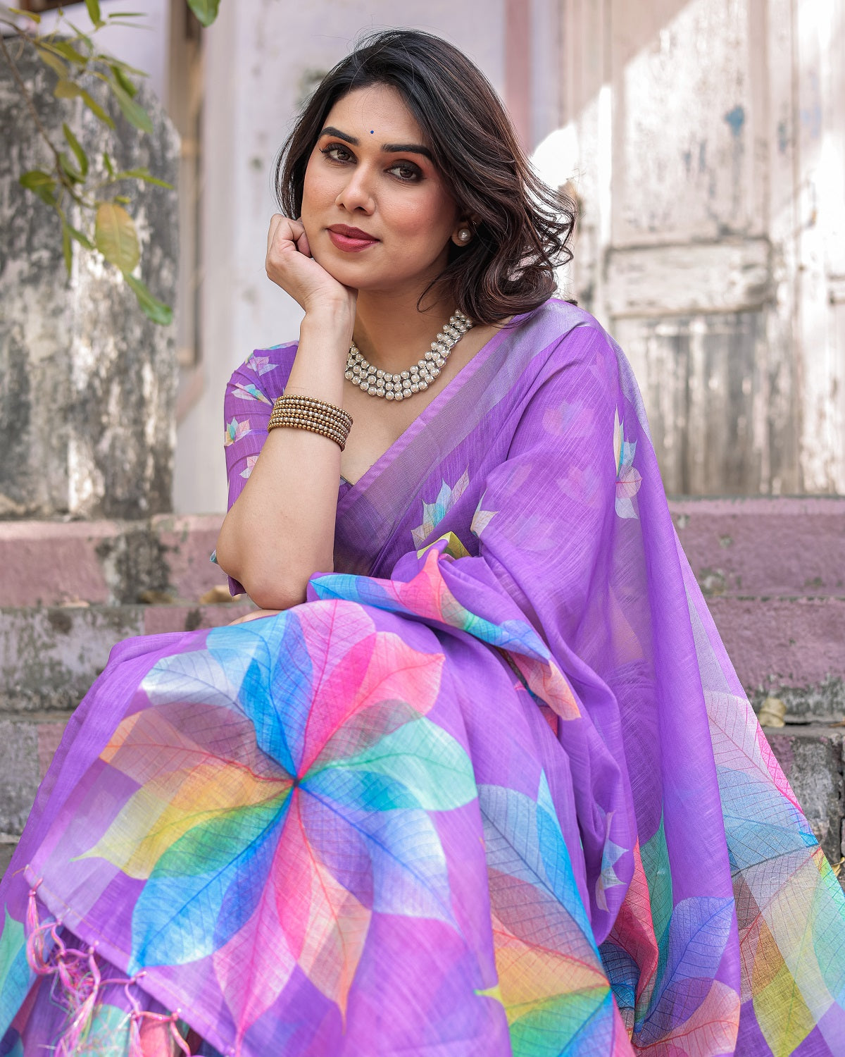 Elegant Multicolor Linen Saree with White Lotus Print & Silver Zari Border