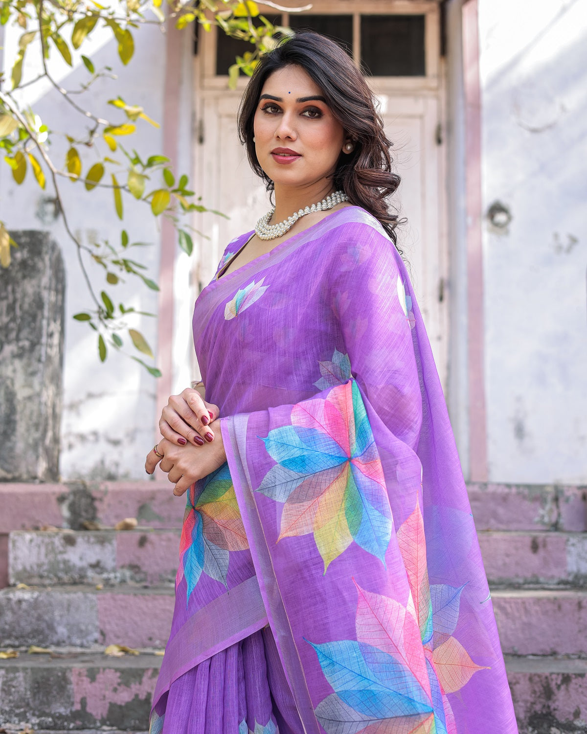 Elegant Multicolor Linen Saree with White Lotus Print & Silver Zari Border