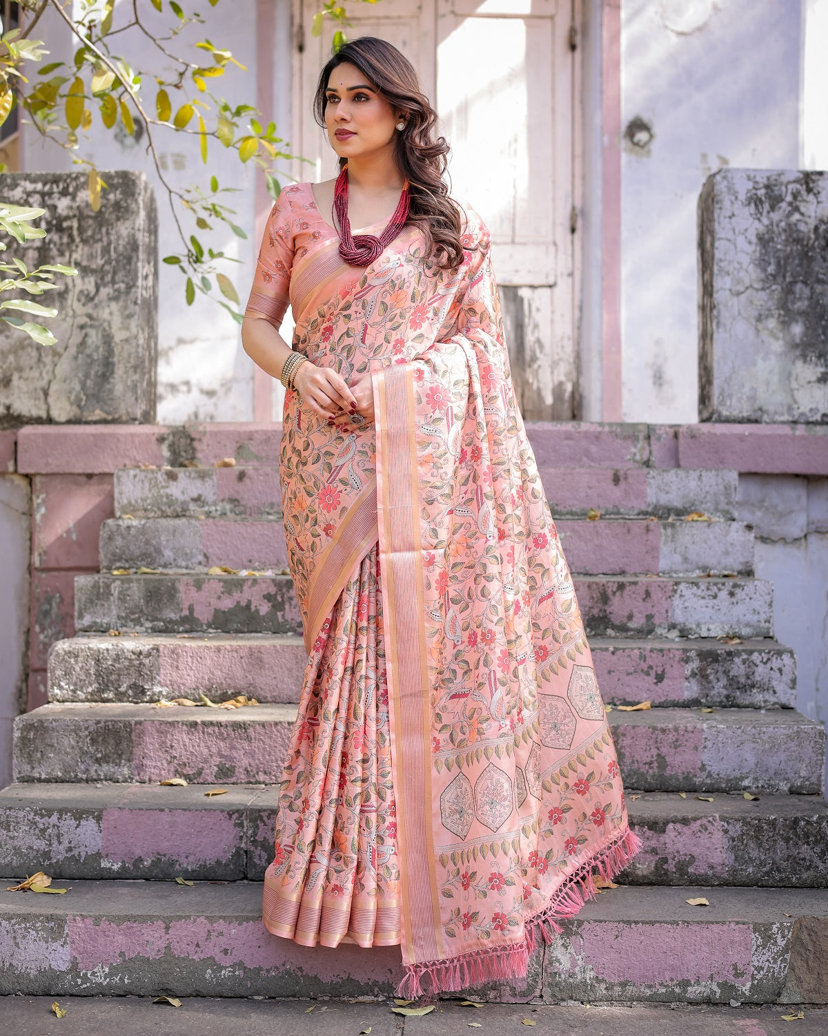 Printed Peach Linen Saree for Women with Multicolor Pallu and Ethnic Border – Lightweight Casual Wear