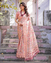 Printed Peach Linen Saree for Women with Multicolor Pallu and Ethnic Border – Lightweight Casual Wear