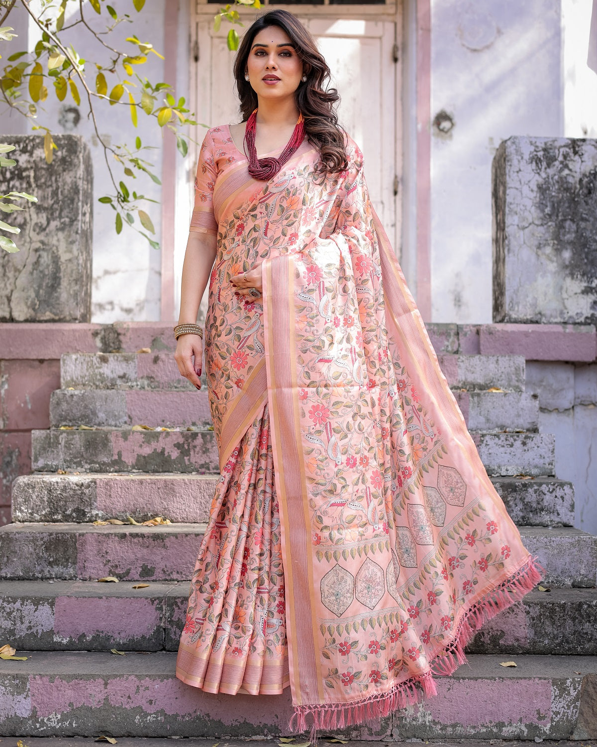 Printed Peach Linen Saree for Women with Multicolor Pallu and Ethnic Border – Lightweight Casual Wear