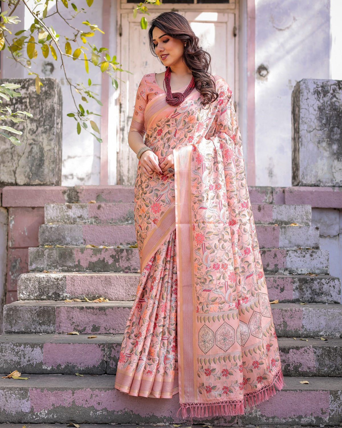 Printed Peach Linen Saree for Women with Multicolor Pallu and Ethnic Border – Lightweight Casual Wear