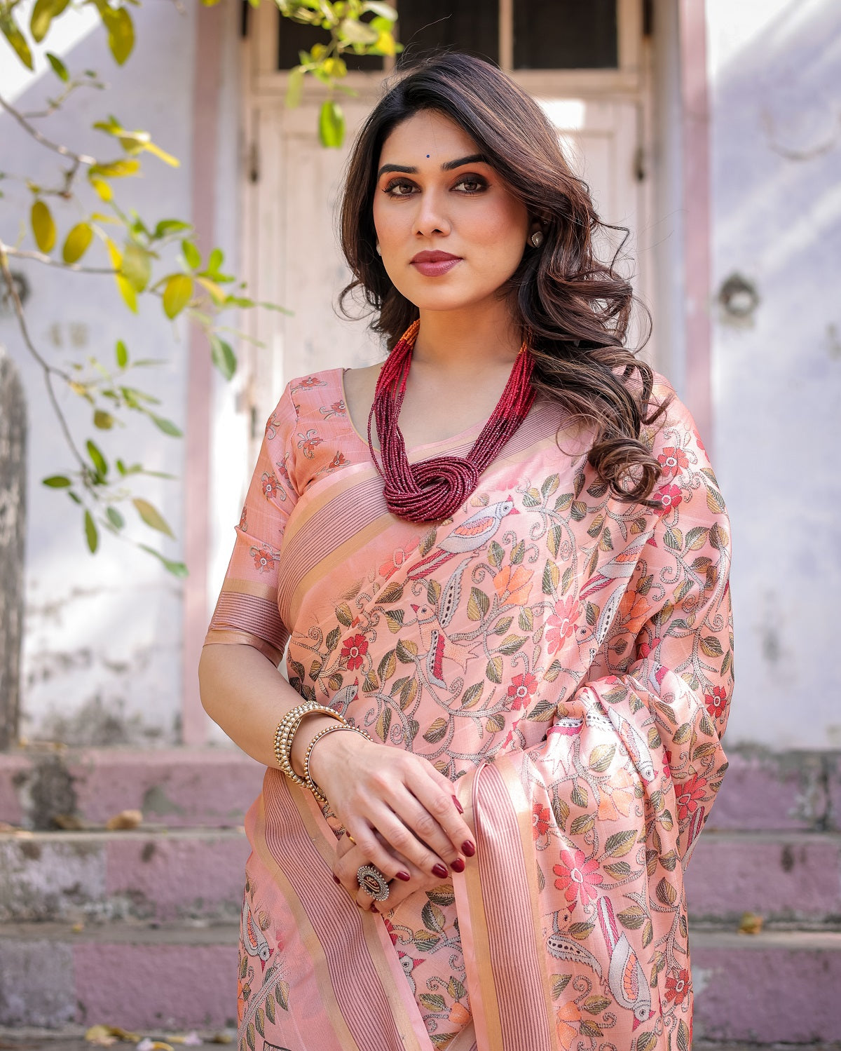 Printed Peach Linen Saree for Women with Multicolor Pallu and Ethnic Border – Lightweight Casual Wear