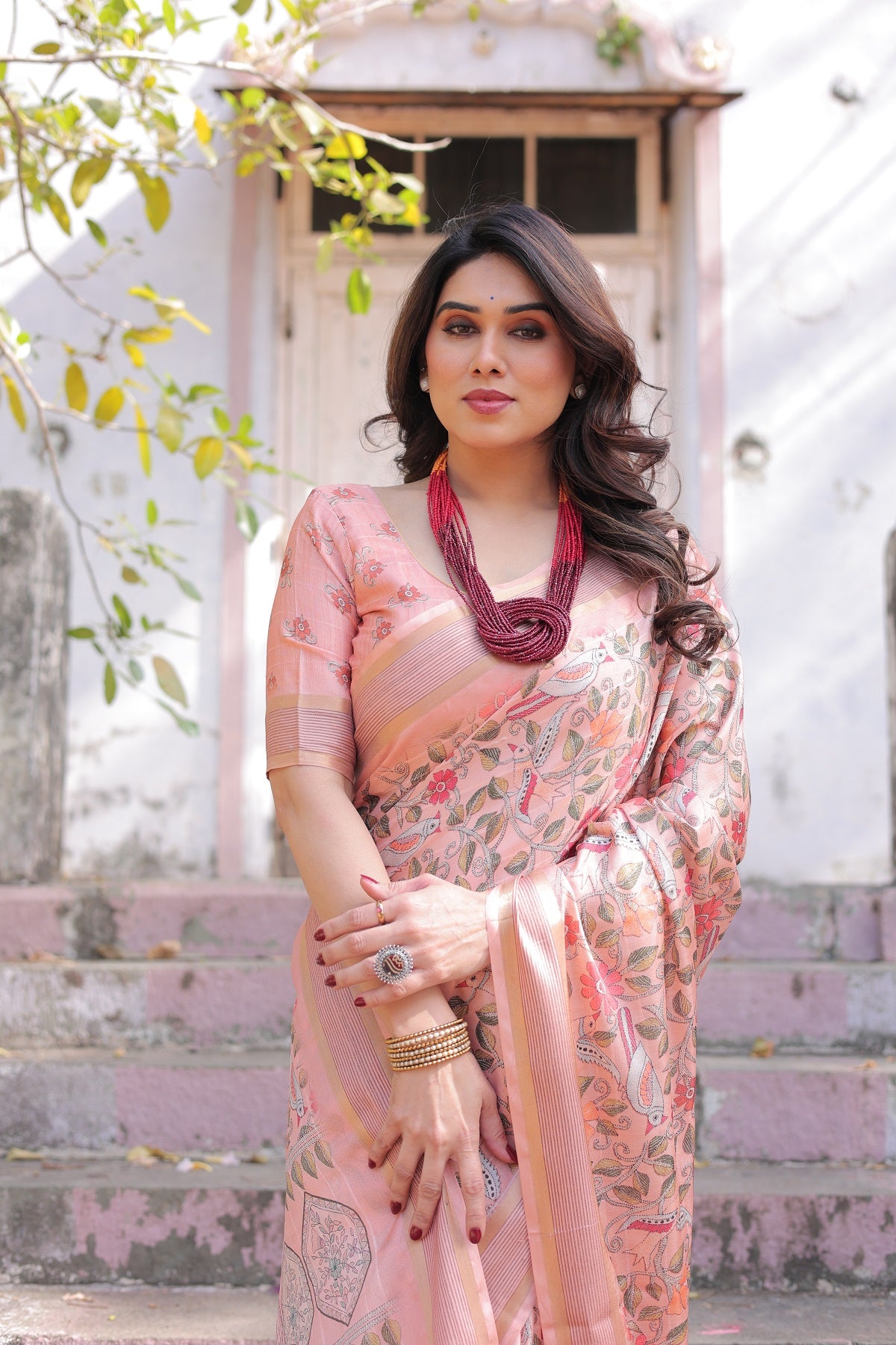 Printed Peach Linen Saree for Women with Multicolor Pallu and Ethnic Border – Lightweight Casual Wear