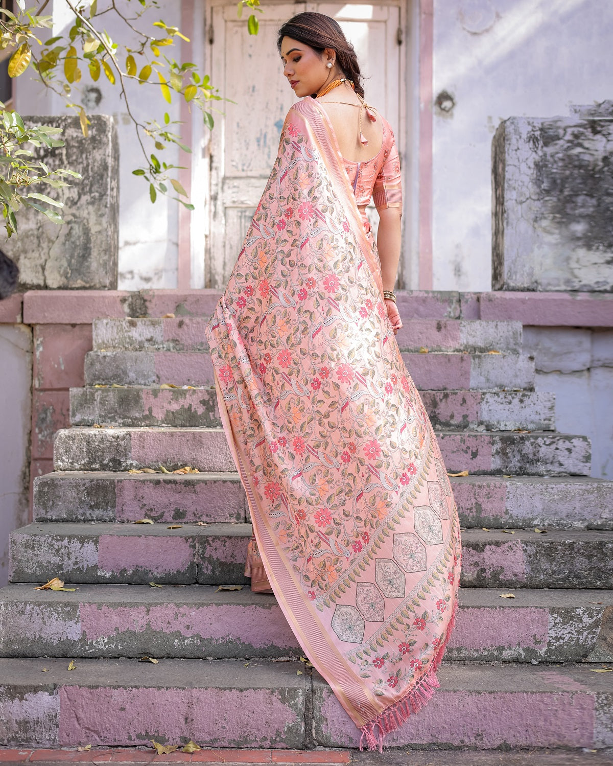 Printed Peach Linen Saree for Women with Multicolor Pallu and Ethnic Border – Lightweight Casual Wear