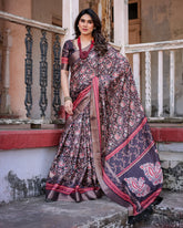 Printed Wine Linen Saree for Women with Multicolor Pallu and Ethnic Border – Lightweight Casual Wear
