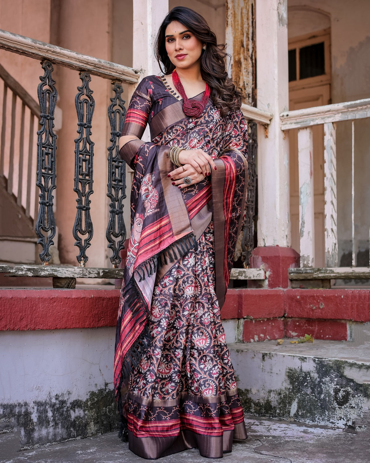 Printed Wine Linen Saree for Women with Multicolor Pallu and Ethnic Border – Lightweight Casual Wear