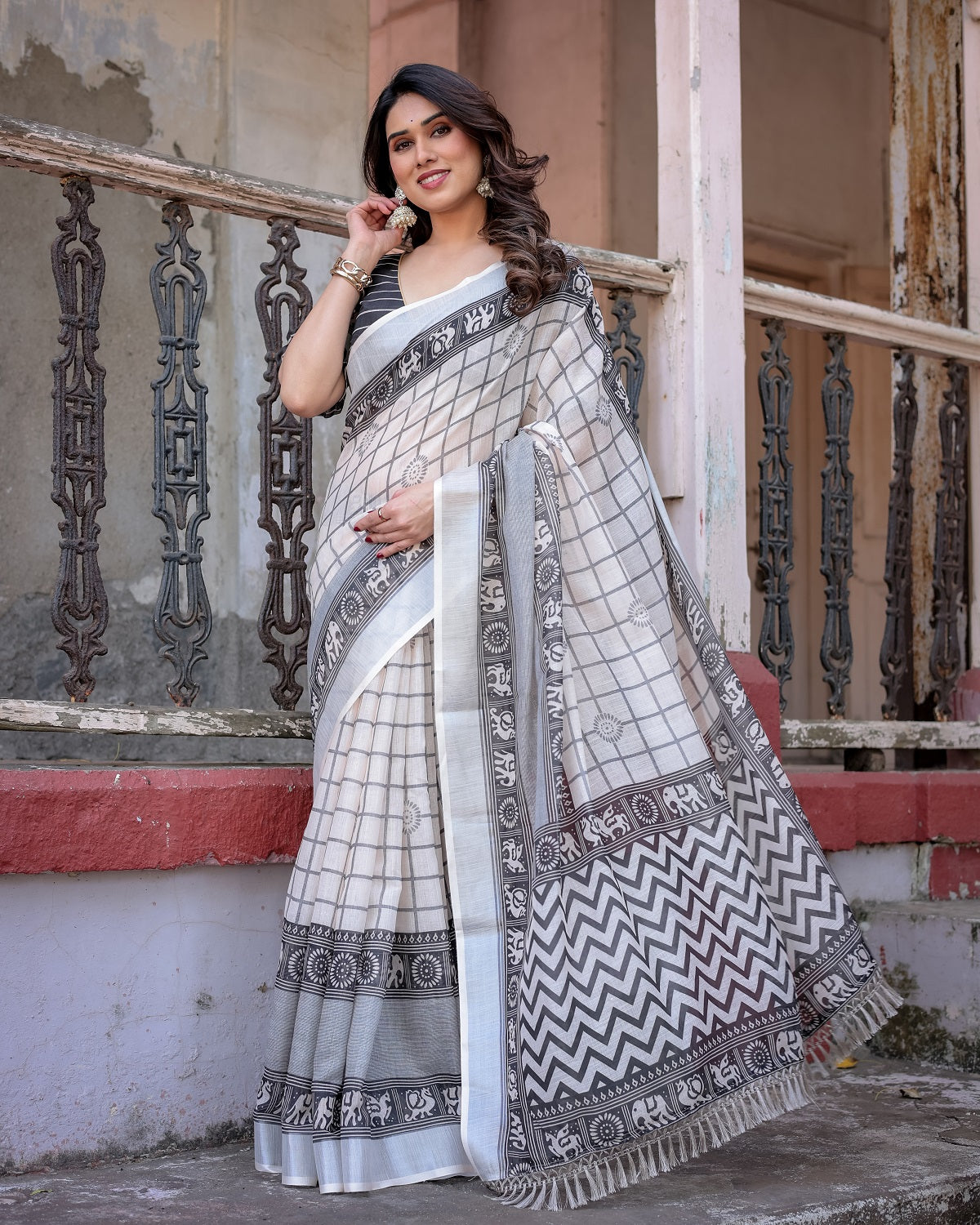 Elegant White Linen Saree with White Lotus Print & Silver Zari Border