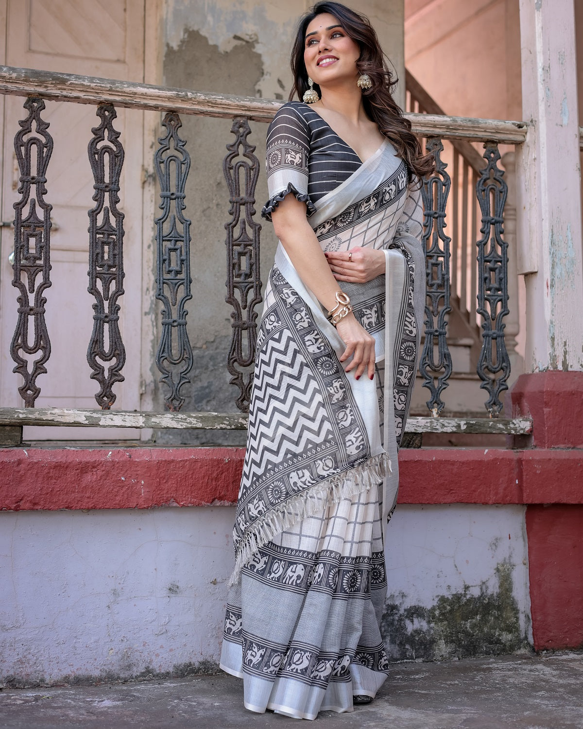 Elegant White Linen Saree with White Lotus Print & Silver Zari Border