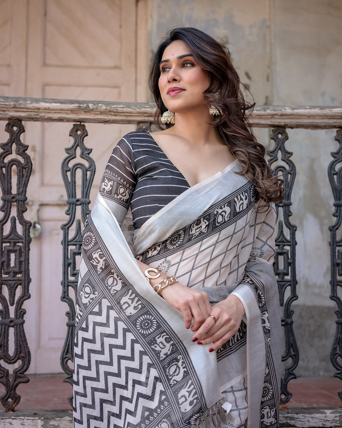 Elegant White Linen Saree with White Lotus Print & Silver Zari Border