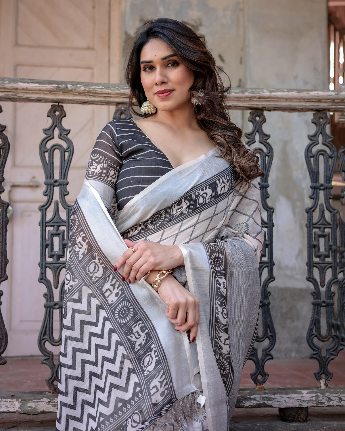 Elegant White Linen Saree with White Lotus Print & Silver Zari Border