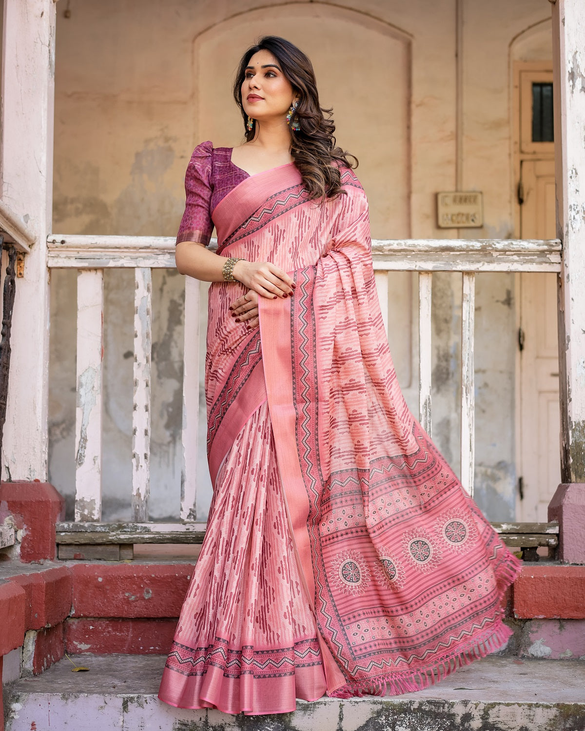 Printed Peach Color Linen Saree for Women with Multicolor Pallu and Ethnic Border – Lightweight Casual Wear