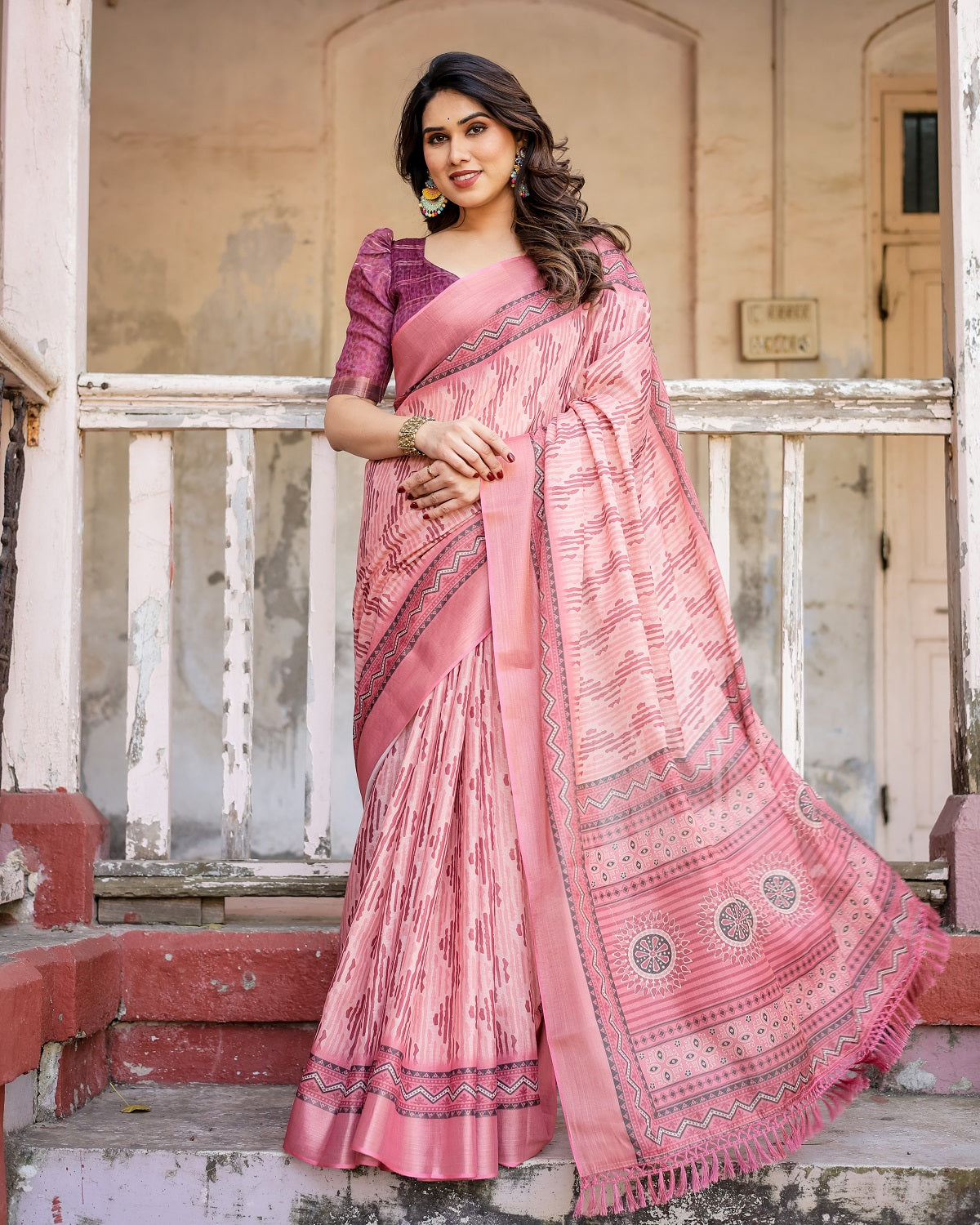 Printed Peach Color Linen Saree for Women with Multicolor Pallu and Ethnic Border – Lightweight Casual Wear