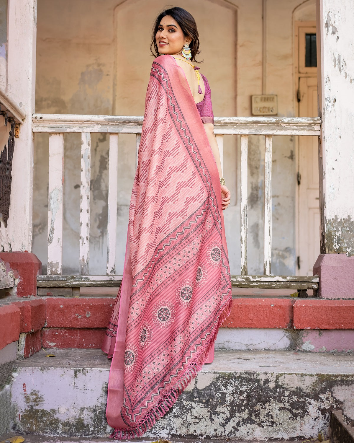 Printed Peach Color Linen Saree for Women with Multicolor Pallu and Ethnic Border – Lightweight Casual Wear