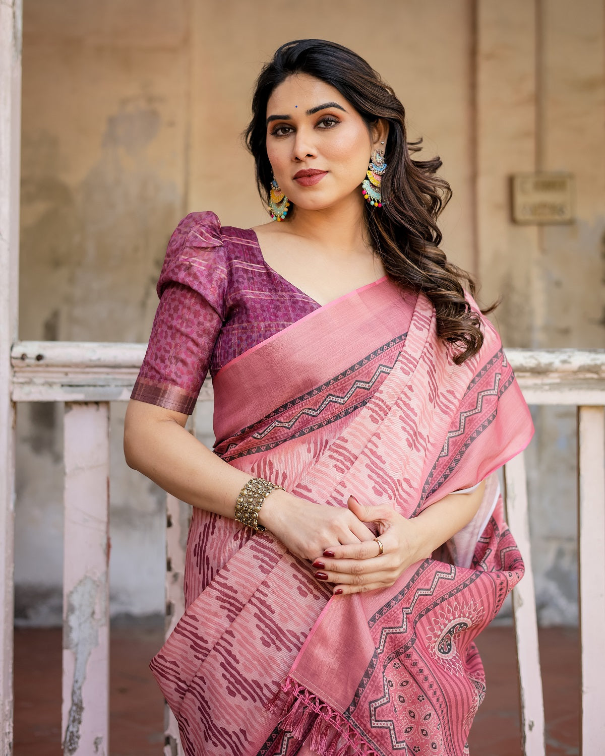 Printed Peach Color Linen Saree for Women with Multicolor Pallu and Ethnic Border – Lightweight Casual Wear