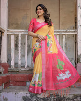 Elegant Multi-color Linen Saree with White Lotus Print & Silver Zari Border