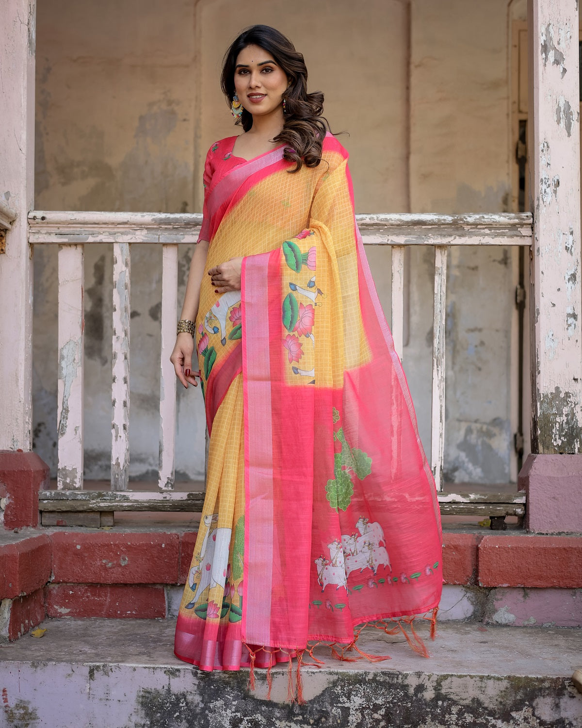 Elegant Multi-color Linen Saree with White Lotus Print & Silver Zari Border