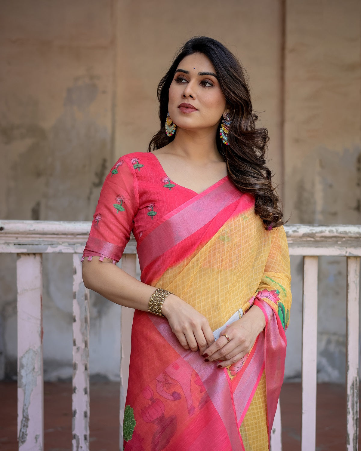 Elegant Multi-color Linen Saree with White Lotus Print & Silver Zari Border