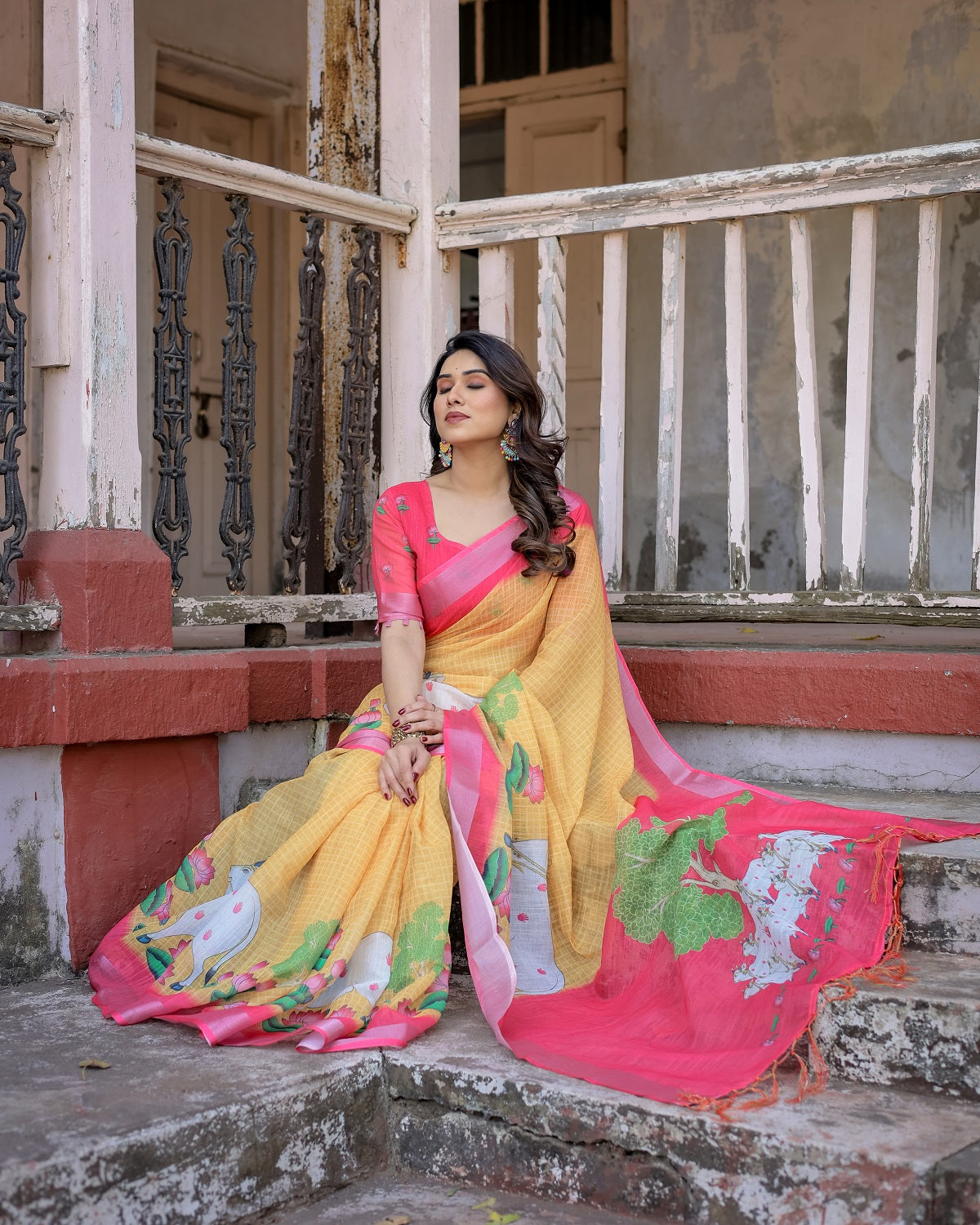 Elegant Multi-color Linen Saree with White Lotus Print & Silver Zari Border