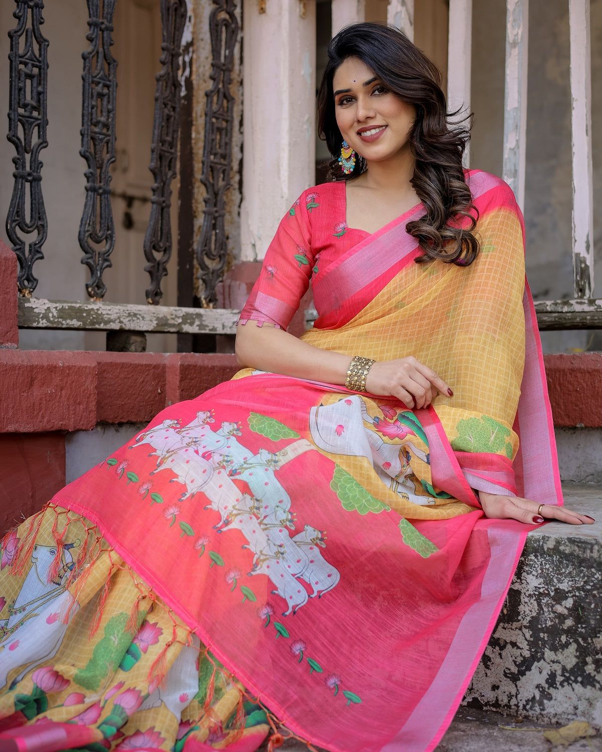 Elegant Multi-color Linen Saree with White Lotus Print & Silver Zari Border