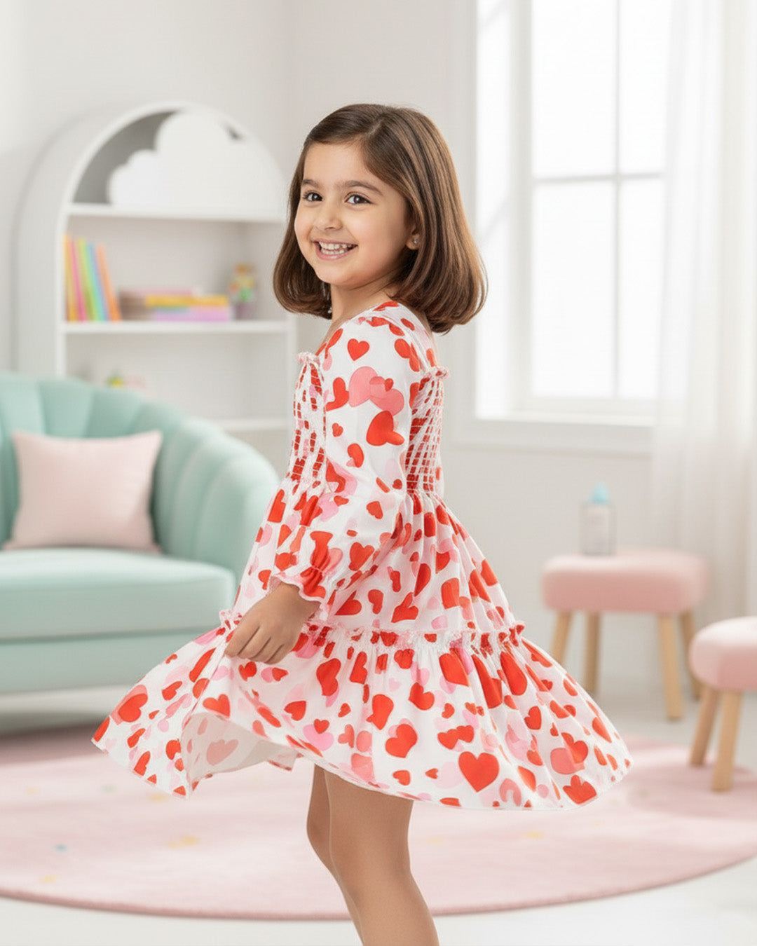 Glamgait Multicolor Heart Theme Full Sleeve Midi Kids Dress
