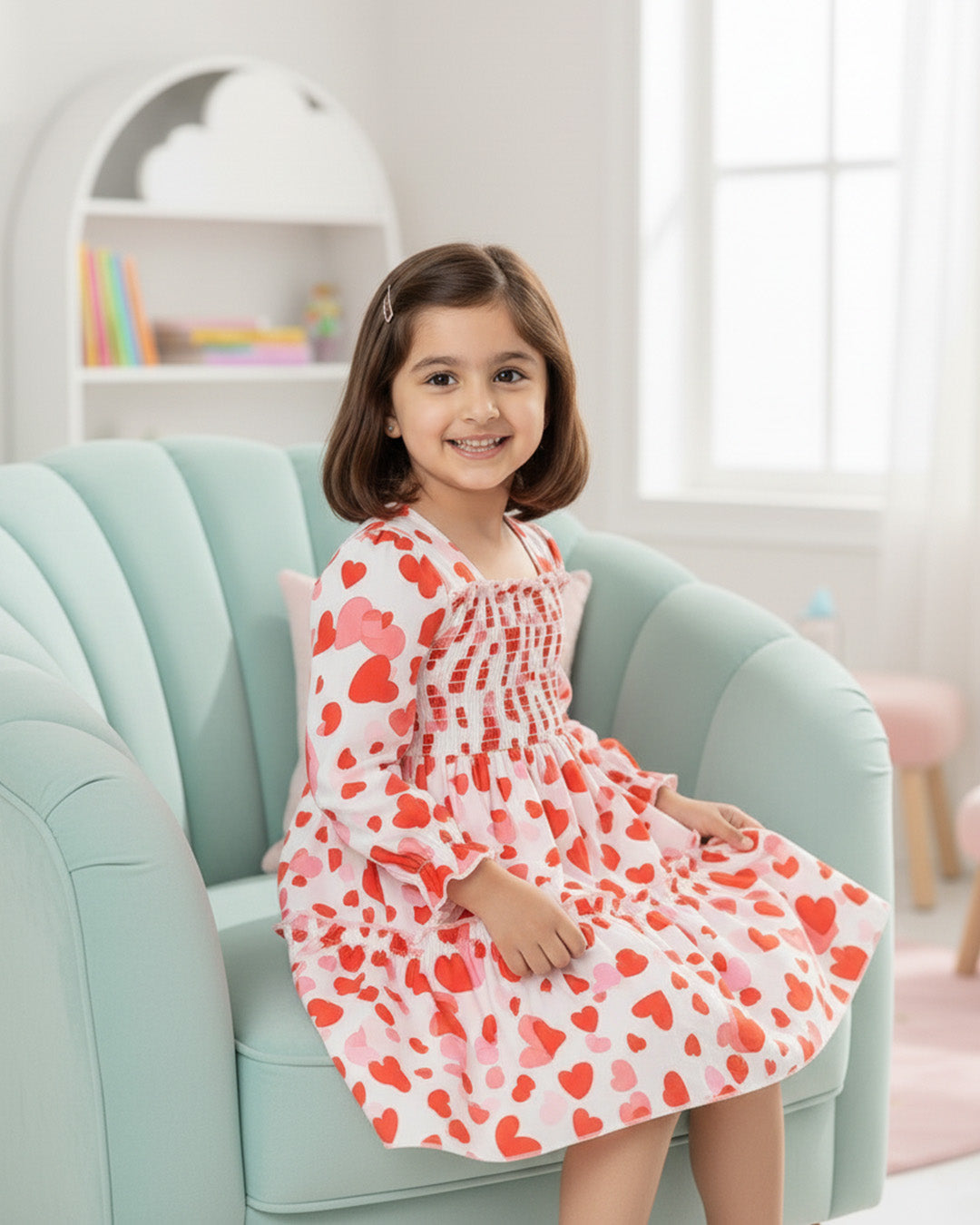 Glamgait Multicolor Heart Theme Full Sleeve Midi Kids Dress