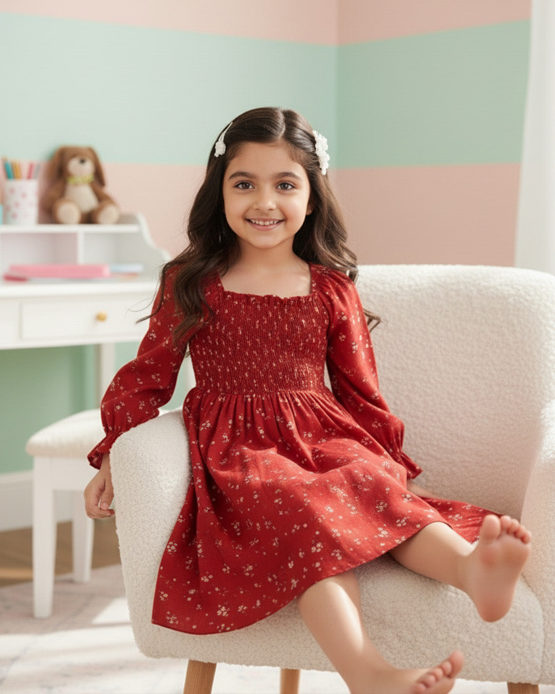 Girls Maroon Floral Long-Sleeve Smocked Cotton Dress – Elegant Party & Casual Wear