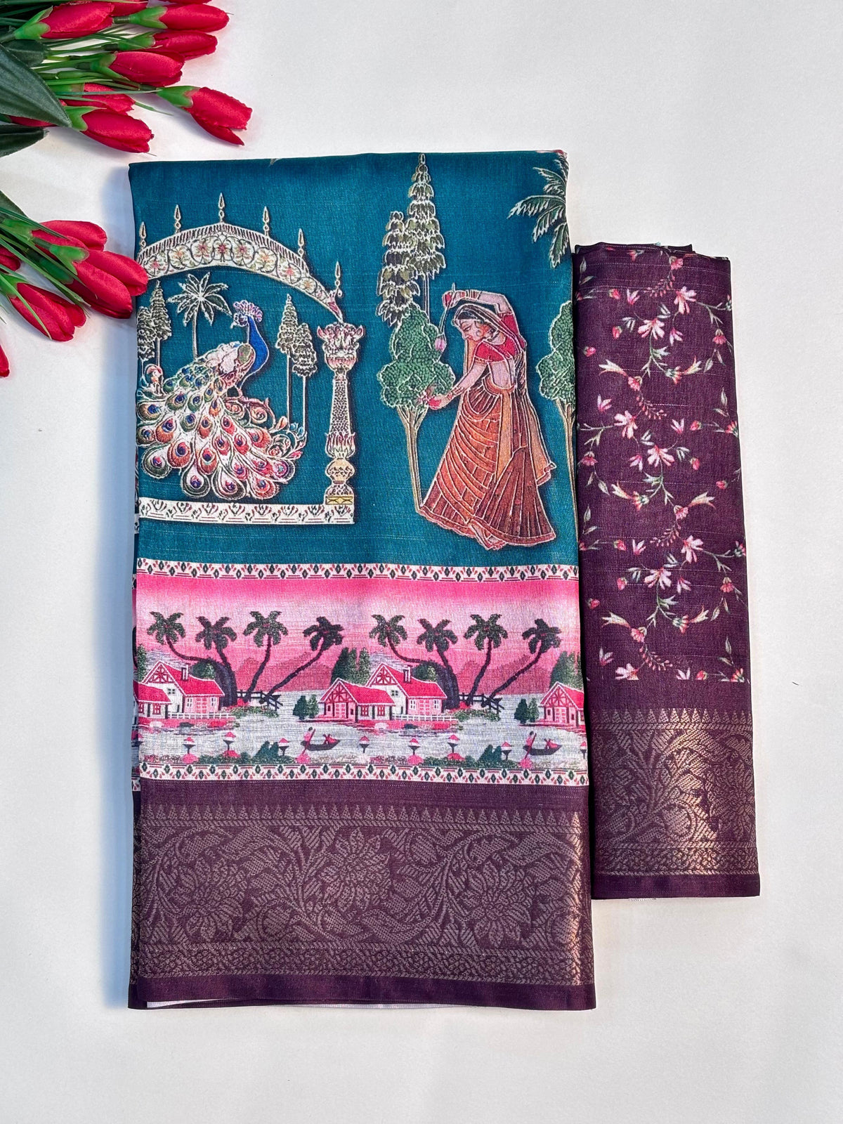 Elegant Printed Art Silk Saree with Cultural Motif & Scenic Border Design