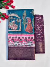 Elegant Printed Art Silk Saree with Cultural Motif & Scenic Border Design