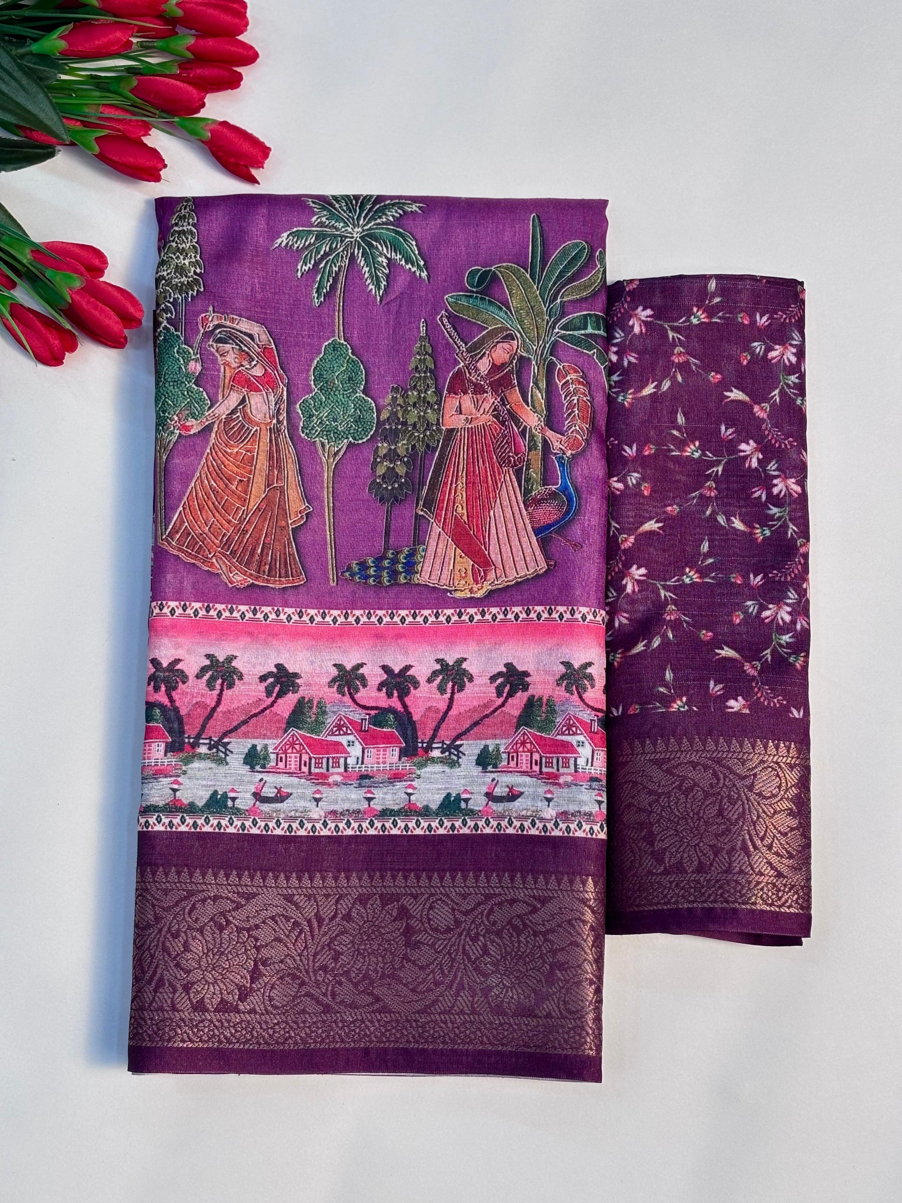 Elegant Printed Art Silk Saree with Cultural Motif & Scenic Border Design