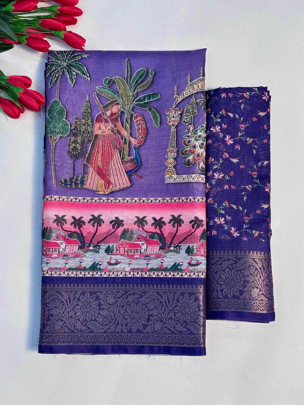 Elegant Printed Art Silk Saree with Cultural Motif & Scenic Border Design