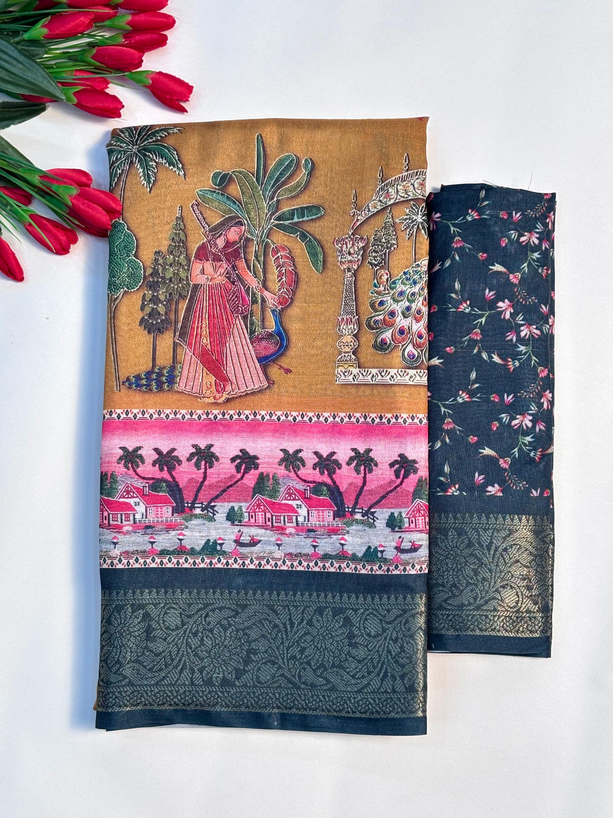 Elegant Printed Art Silk Saree with Cultural Motif & Scenic Border Design