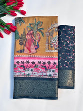 Elegant Printed Art Silk Saree with Cultural Motif & Scenic Border Design