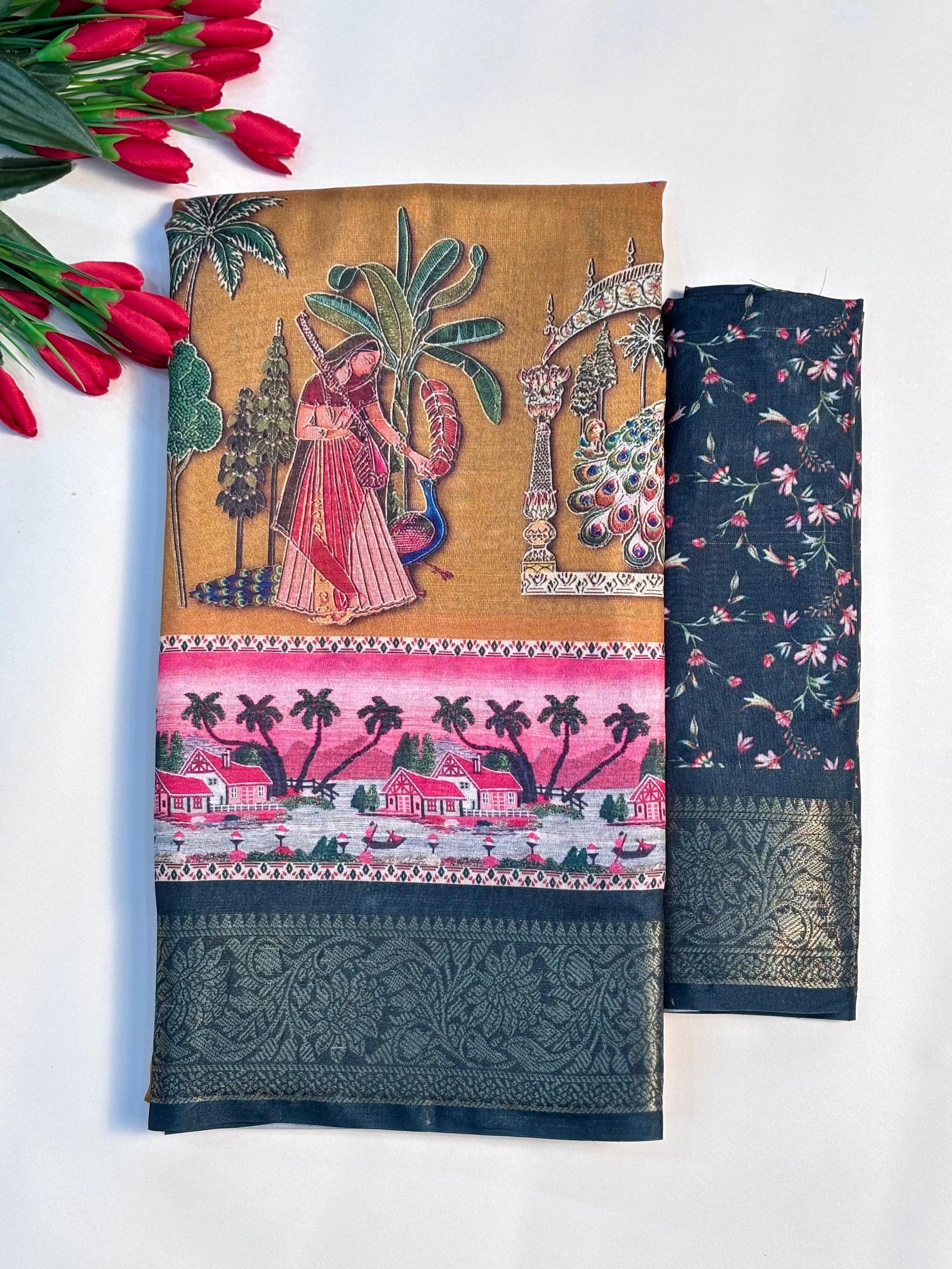 Elegant Printed Art Silk Saree with Cultural Motif & Scenic Border Design