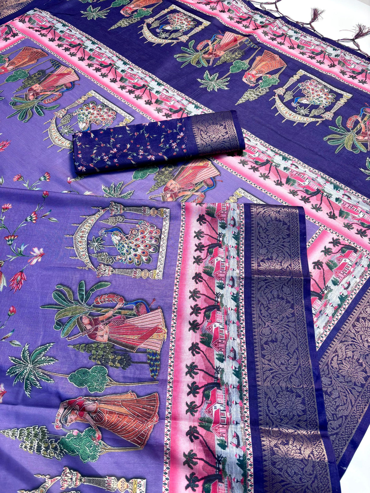 Elegant Printed Art Silk Saree with Cultural Motif & Scenic Border Design