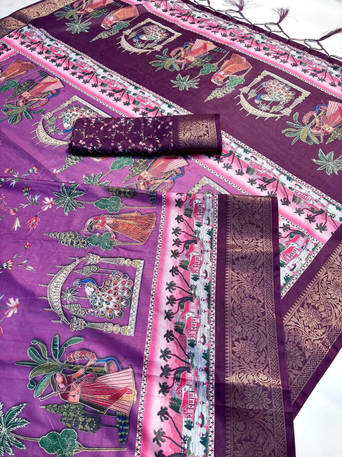 Elegant Printed Art Silk Saree with Cultural Motif & Scenic Border Design