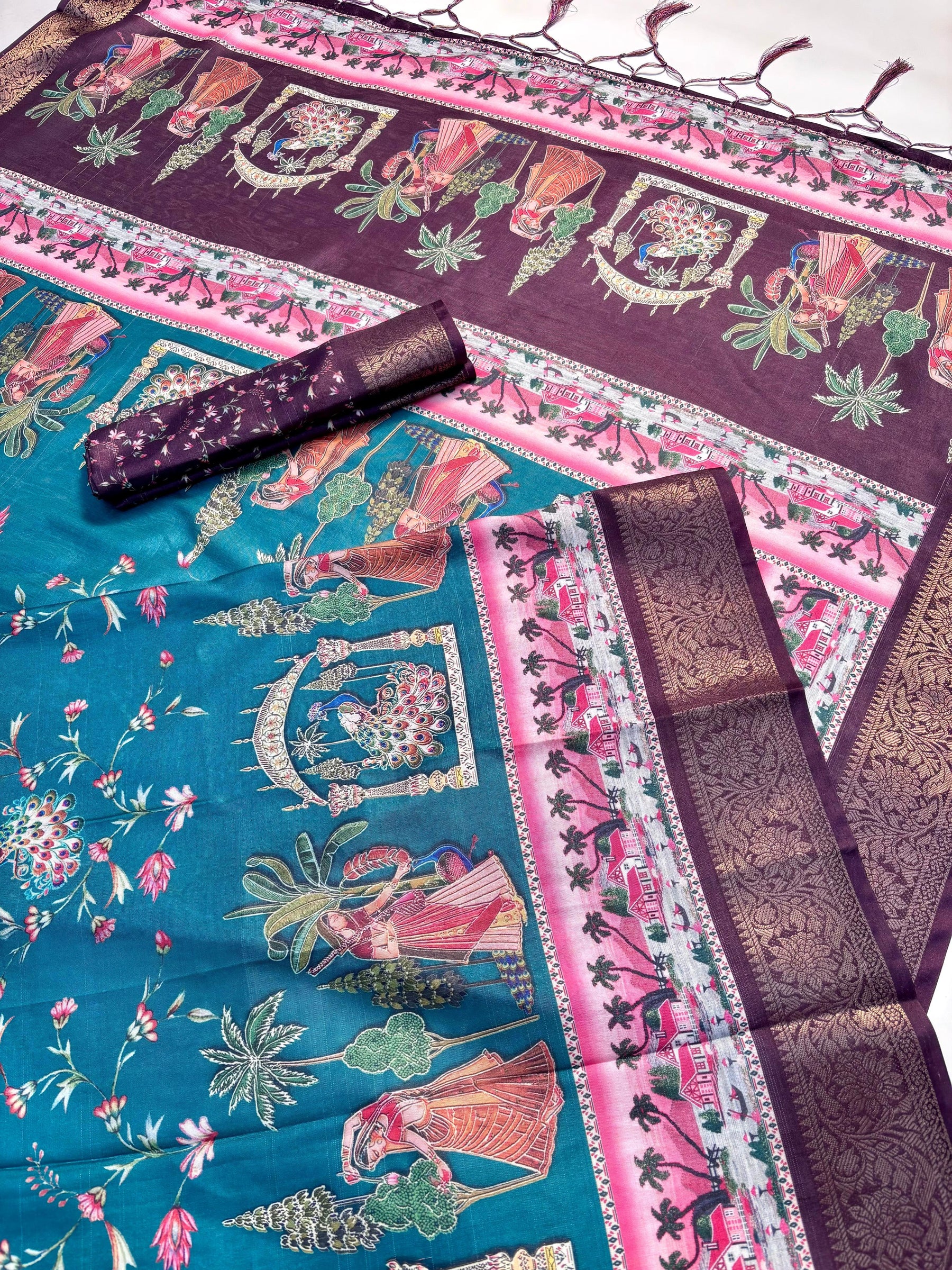 Elegant Printed Art Silk Saree with Cultural Motif & Scenic Border Design