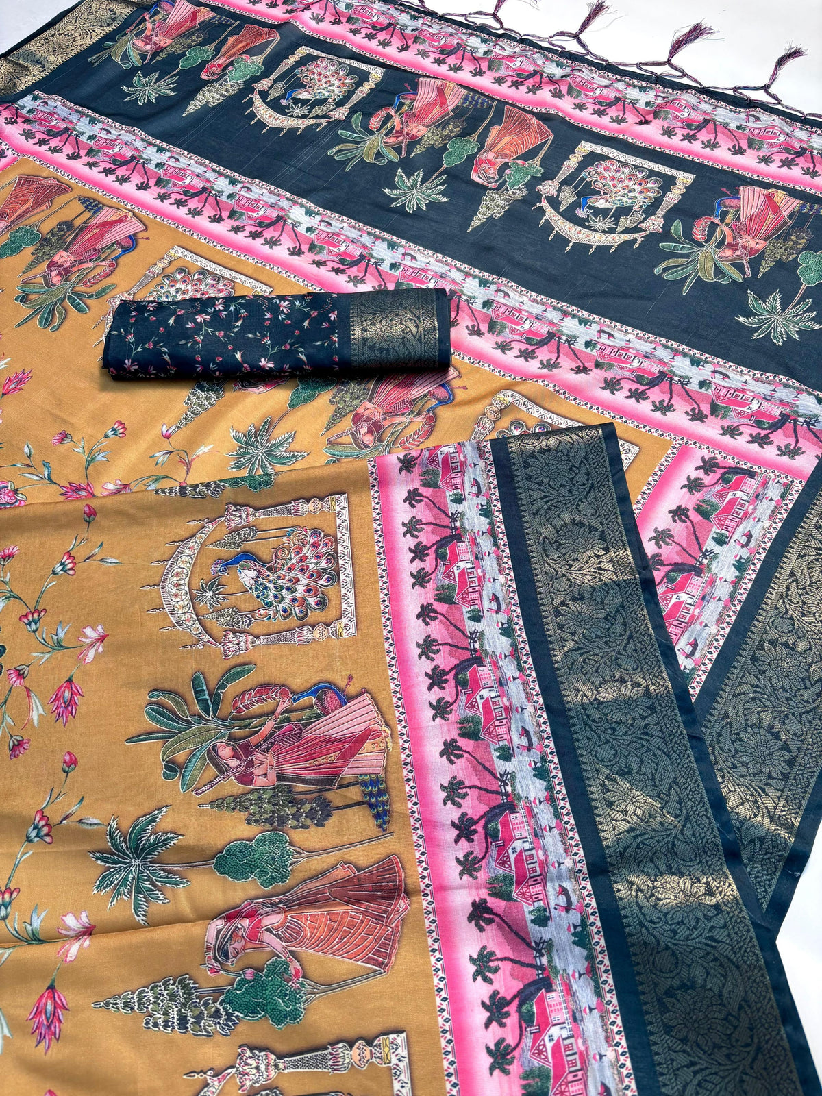 Elegant Printed Art Silk Saree with Cultural Motif & Scenic Border Design