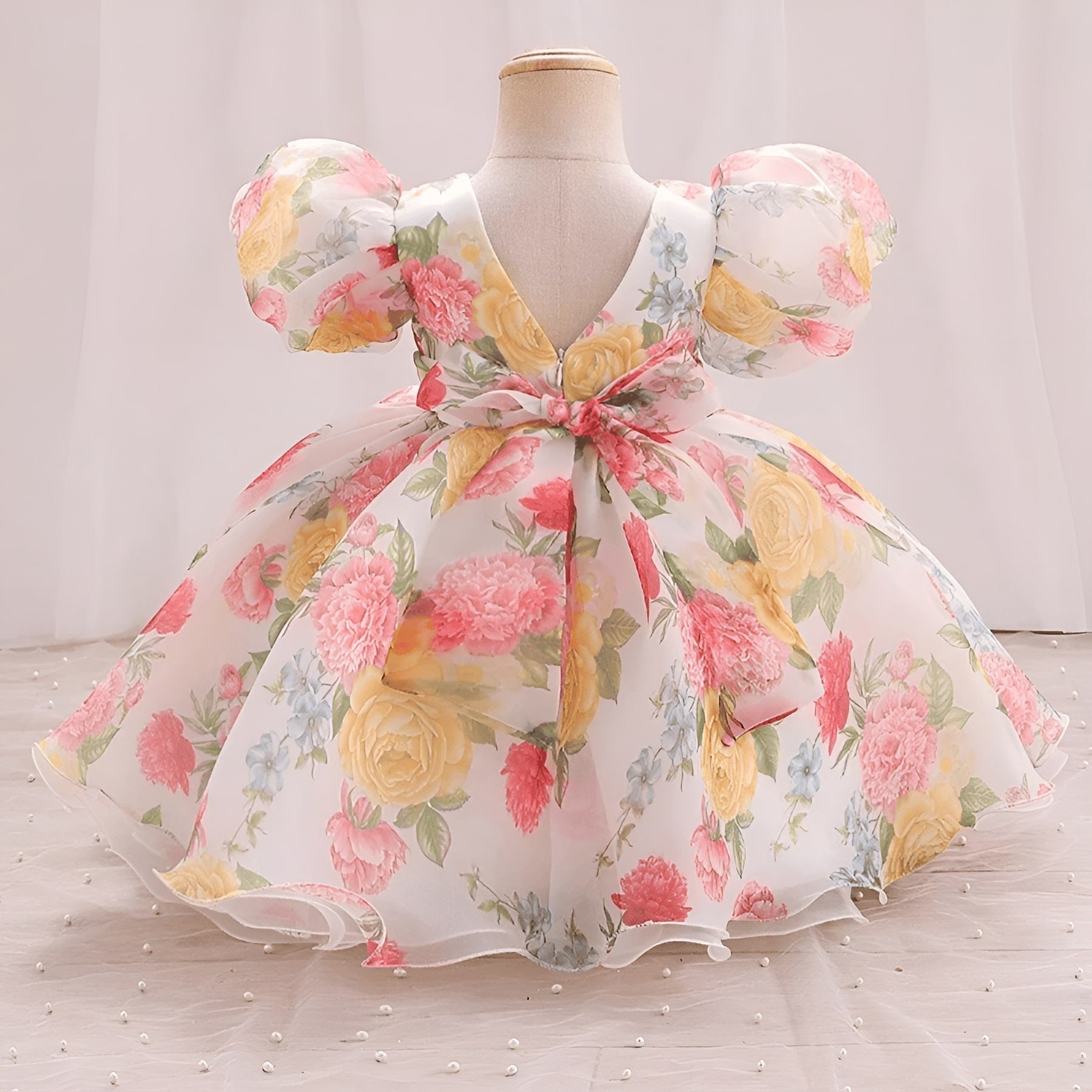 Yellow And White Floral Print Puff Sleeve Baby Frock