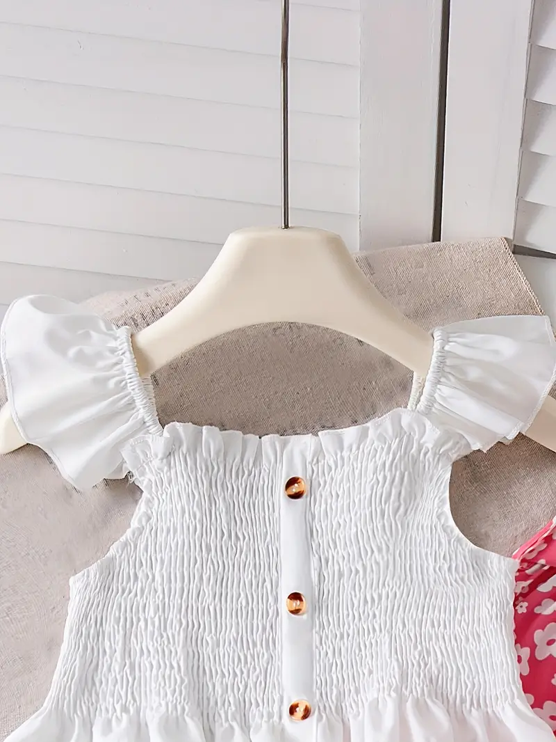 Girls White Ruffle Top with Pink Floral Print Pants Set