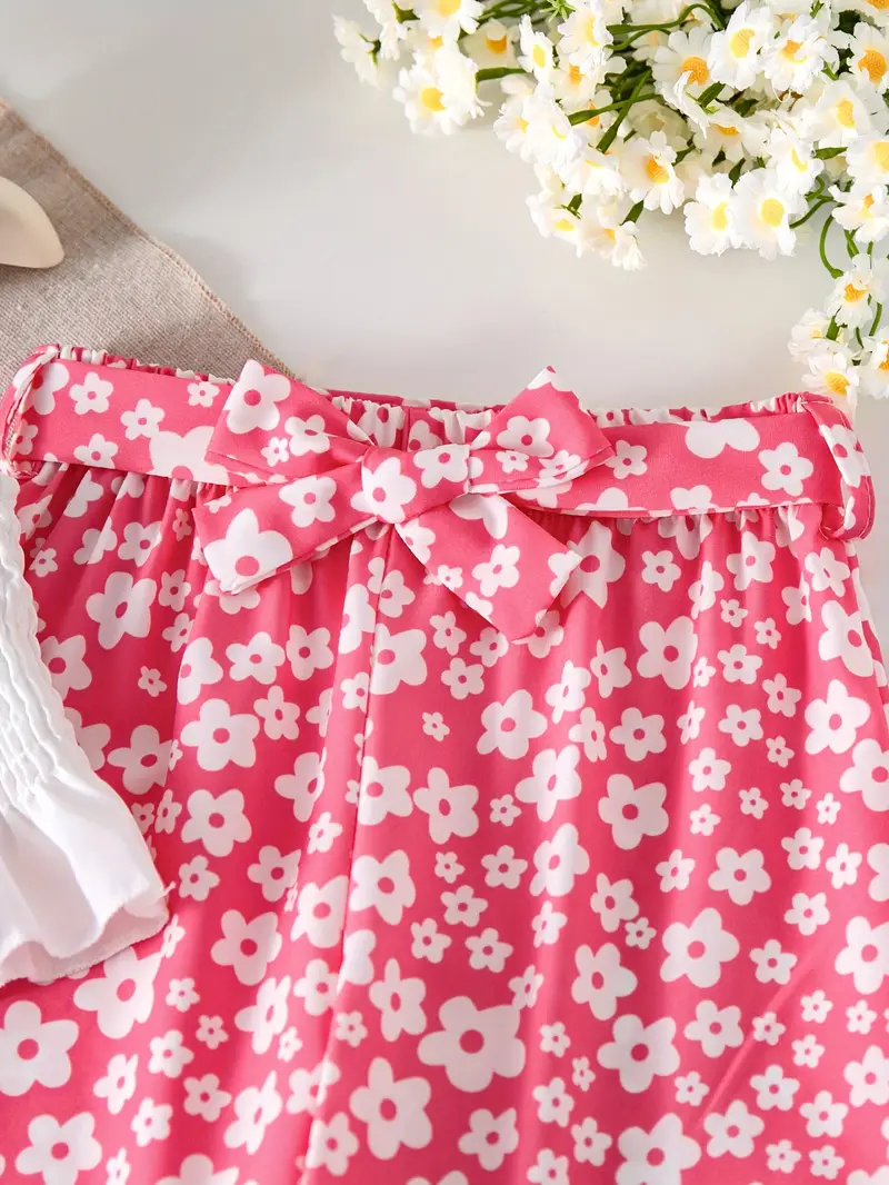 Girls White Ruffle Top with Pink Floral Print Pants Set