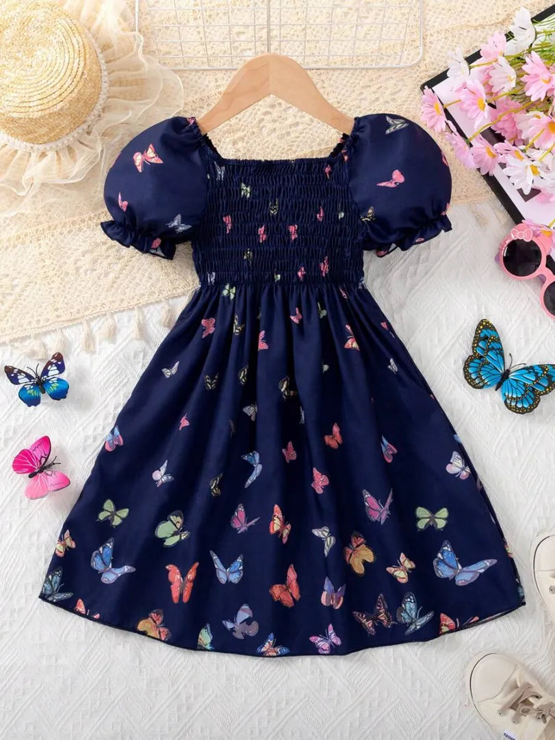Girls Navy Blue Butterfly Print Puff Sleeve Party Dress