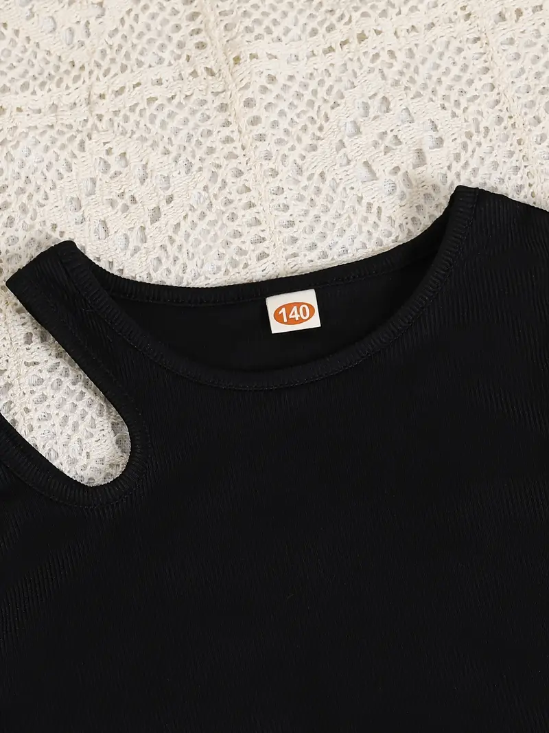 Girls Black Crop Top with Beige & Black Printed Wide Pants