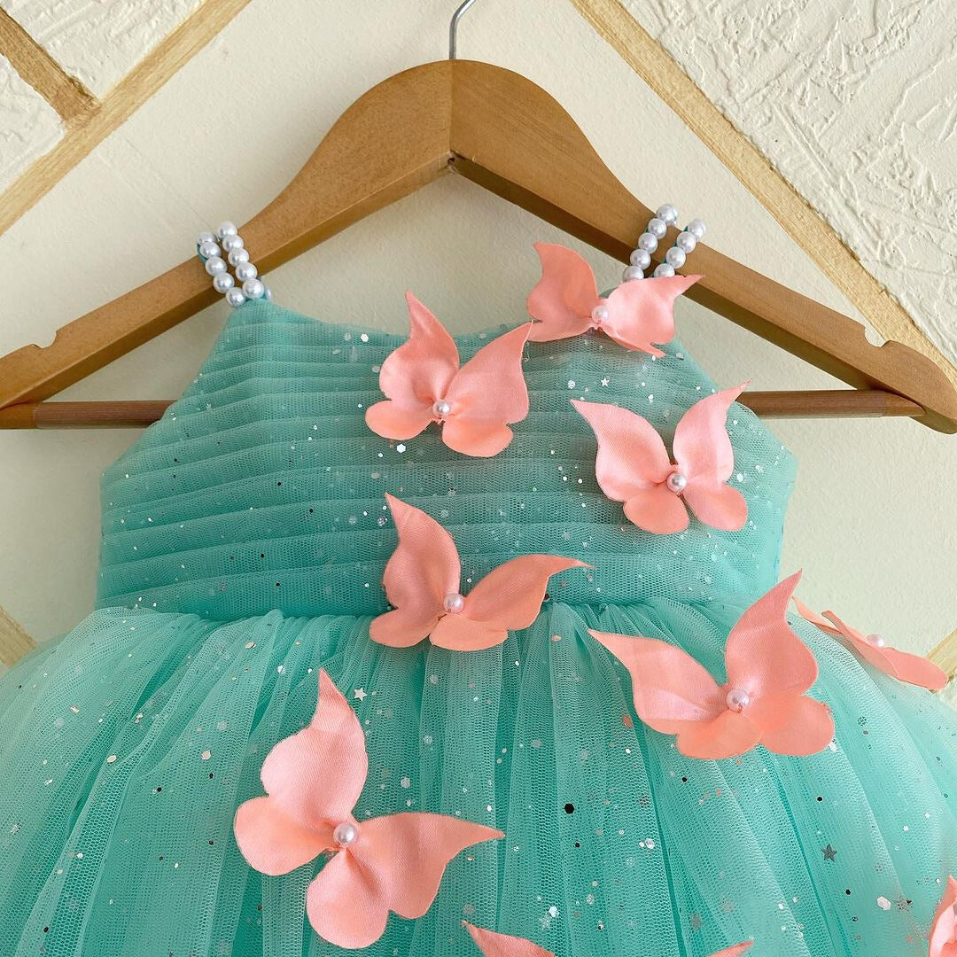 Mint Green Butterfly Applique Party Dress for Girls