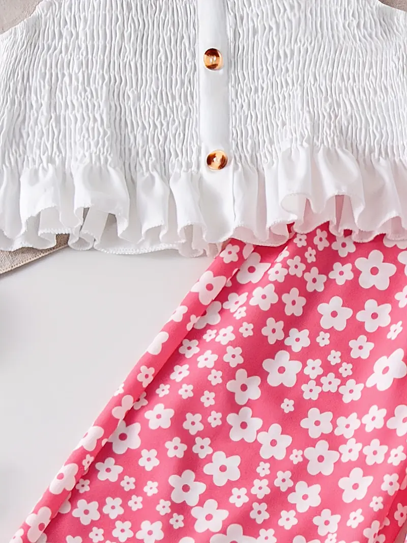 Girls White Ruffle Top with Pink Floral Print Pants Set
