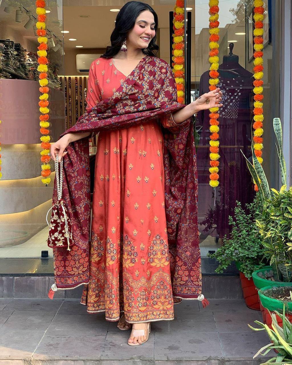 Vibrant Pink Floral Printed Kurta Set with Scalloped Dupatta