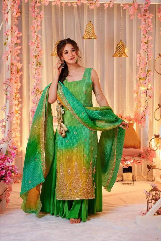 Vibrant Green Punjabi Suit Set with Heavy Work & Dupatta