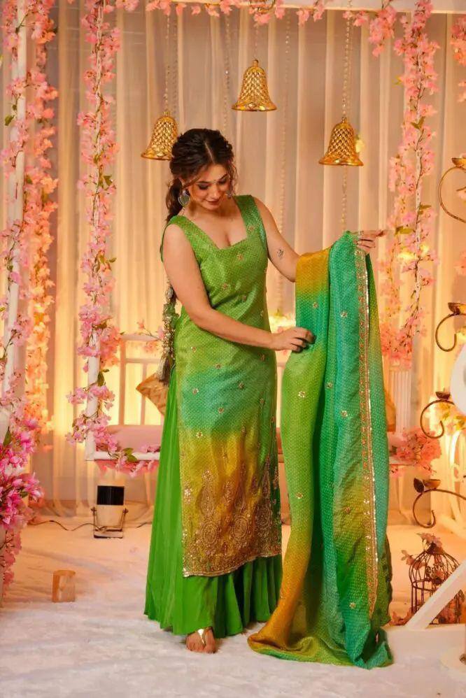 Vibrant Green Punjabi Suit Set with Heavy Work & Dupatta