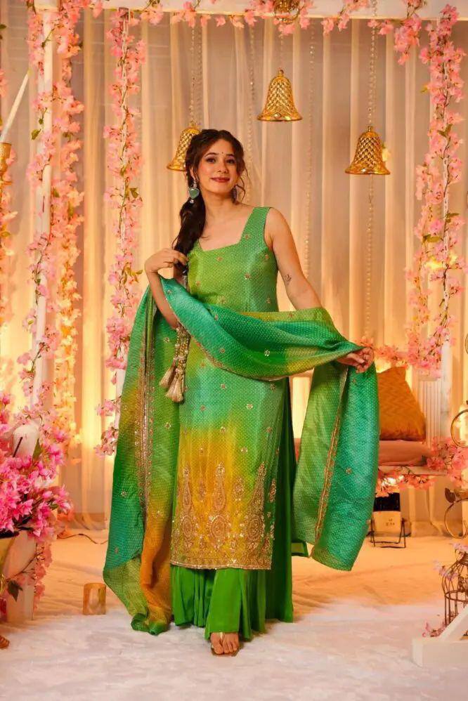 Vibrant Green Punjabi Suit Set with Heavy Work & Dupatta