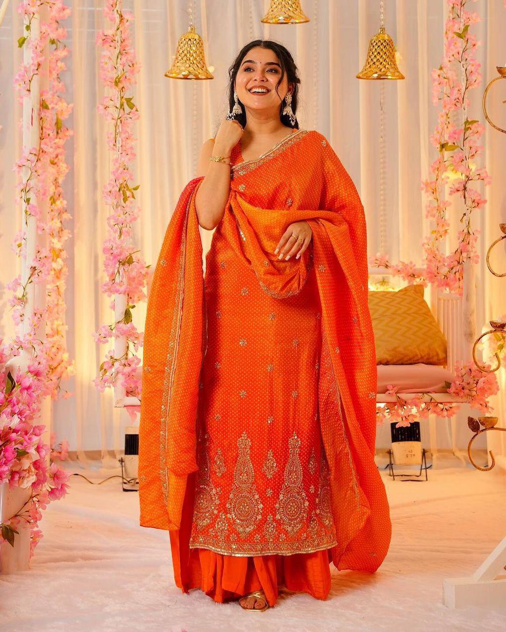 Vibrant Orange Punjabi Suit Set with Heavy Work & Dupatta